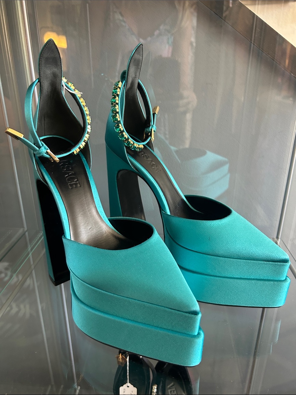 Versace Teal Platform Satin Heels with Jeweled Ankle Strap - Picture 2 of 6